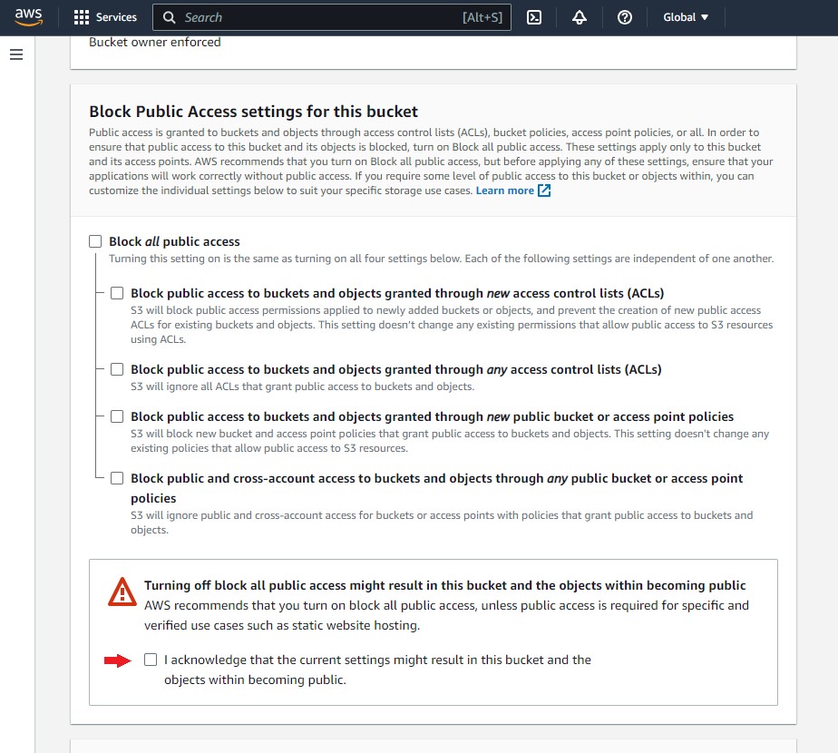 set permissions - acknowledge public access settings
