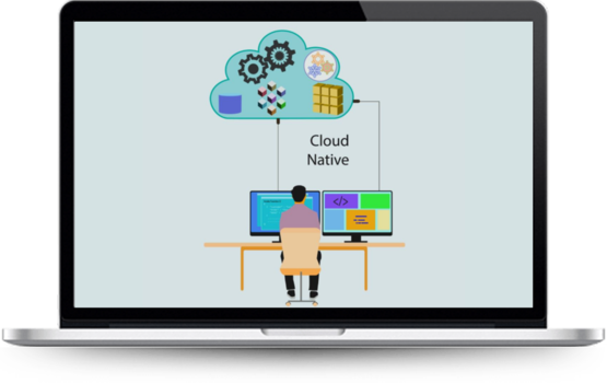 Free Windows Migration and Modernization Assessment; illustration of man at computer using cloud native technologies