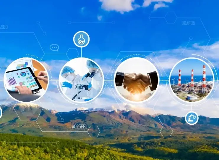 Ricardo PLC is an engineering, energy, and transportation consultancy. Image shows landscape with business elements.