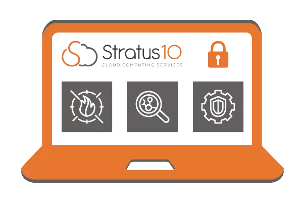 Laptop screen displaying Stratus10 with icons for firewalls, data analysis, and secure gear, highlighting the benefits and importance of cloud security