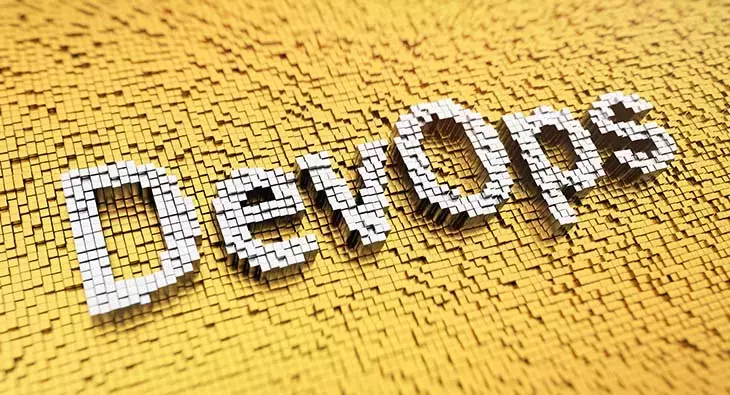 DevOps text concept with pixel effect on yellow background for software development strategy 