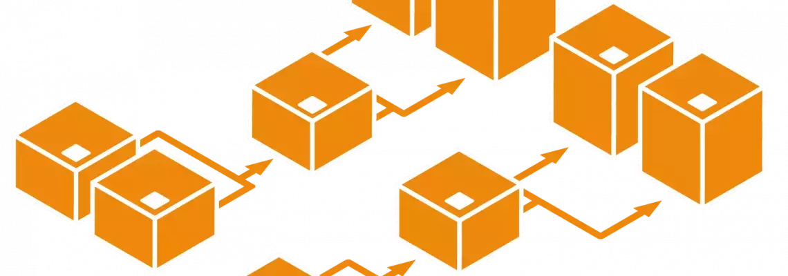 DevOps automation workflow with interconnected orange cubes symbolizing cloud infrastructure management and CI/CD processes. 