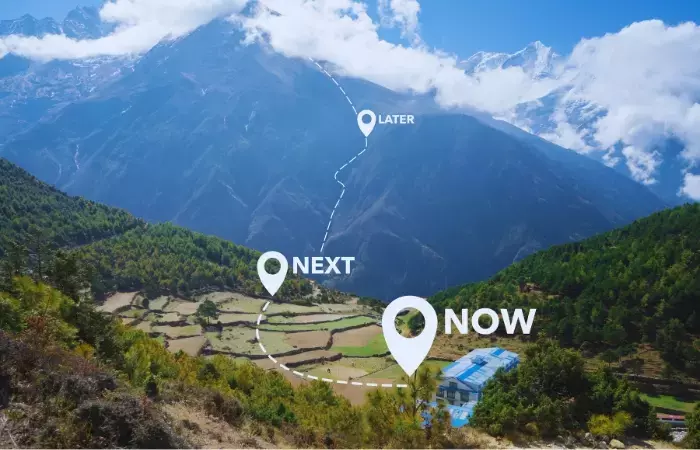 Mistakes in devising a cloud strategy blog - image contains a mountain nature scene with now, then, and later pitstops