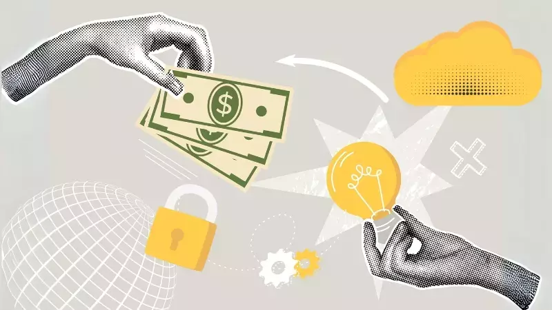 The cost vs security conundrum on the cloud - collage of various elements including money, lock, cloud, lightbulb, globe, hand