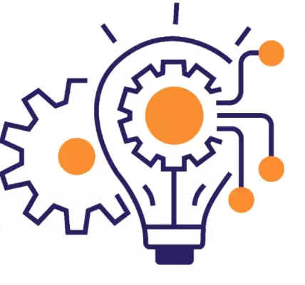 Graphic symbolizing AWS cloud solutions for financial services, depicting a light bulb with gears and circuit-like connections, illustrating the migration of banking automation to the cloud for credit unions.