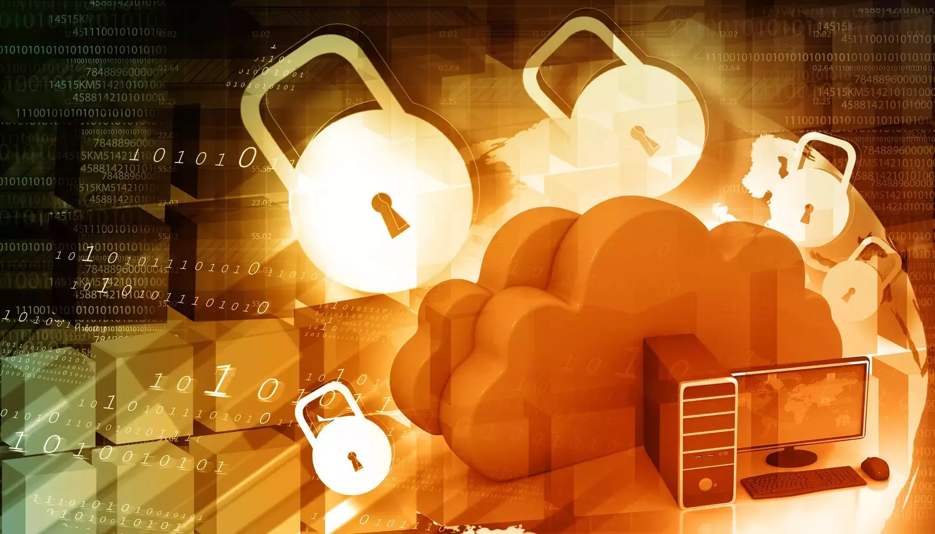 Image of cloud computing security tools, featuring padlocks, binary code, and computer equipment, symbolizing AWS cybersecurity measures. 